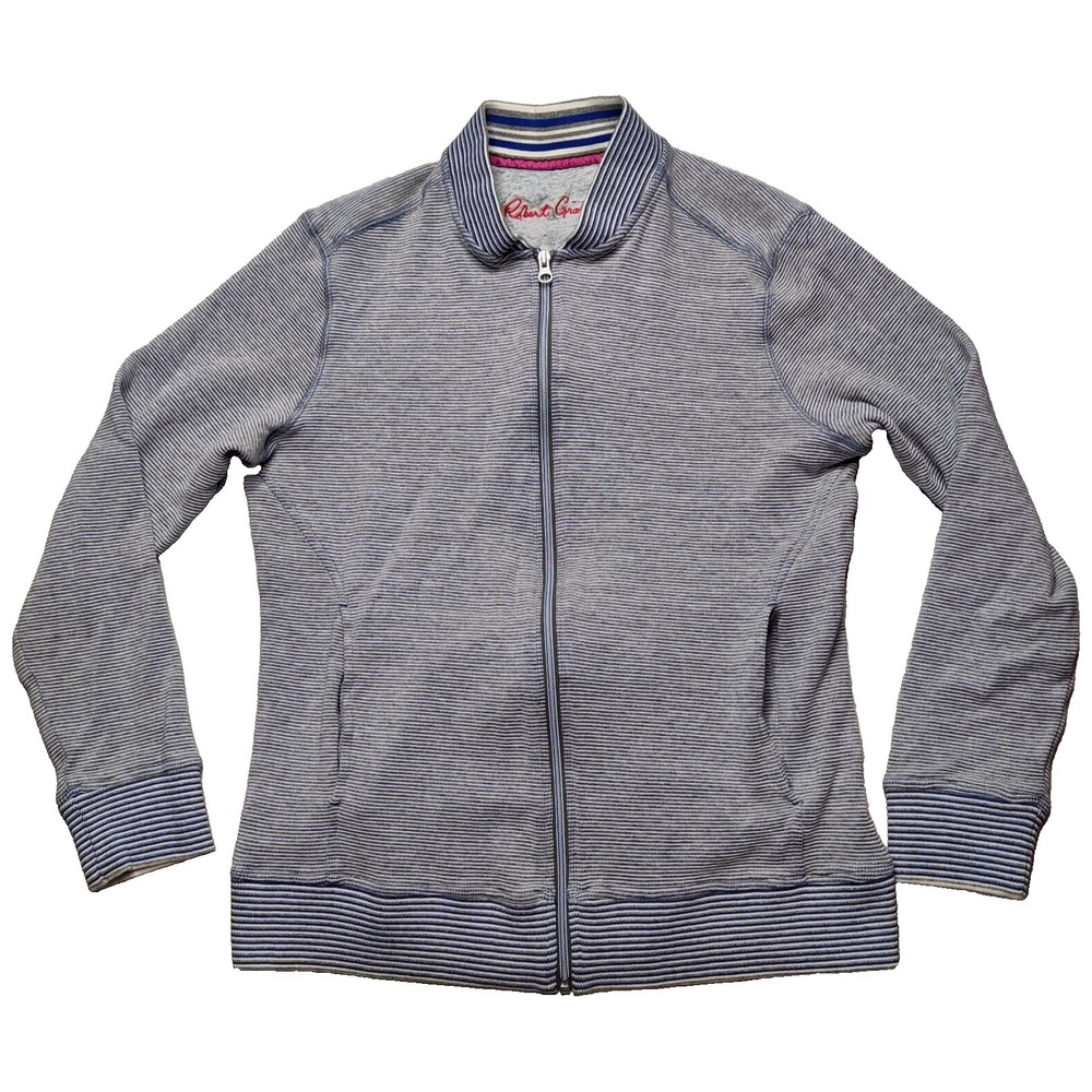 ROBERT GRAHAM Women Large Blue Gray Striped Full Zip‎ Knit Sweater Jacket